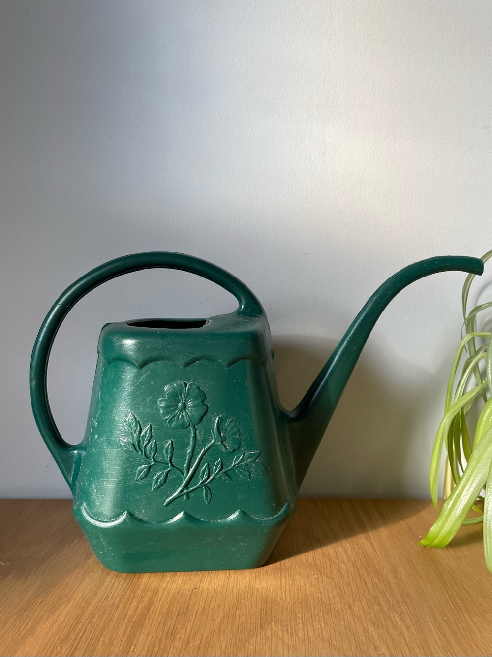 Vintage MCM Continental Canada Green Plastic Watering Can Embossed Floral